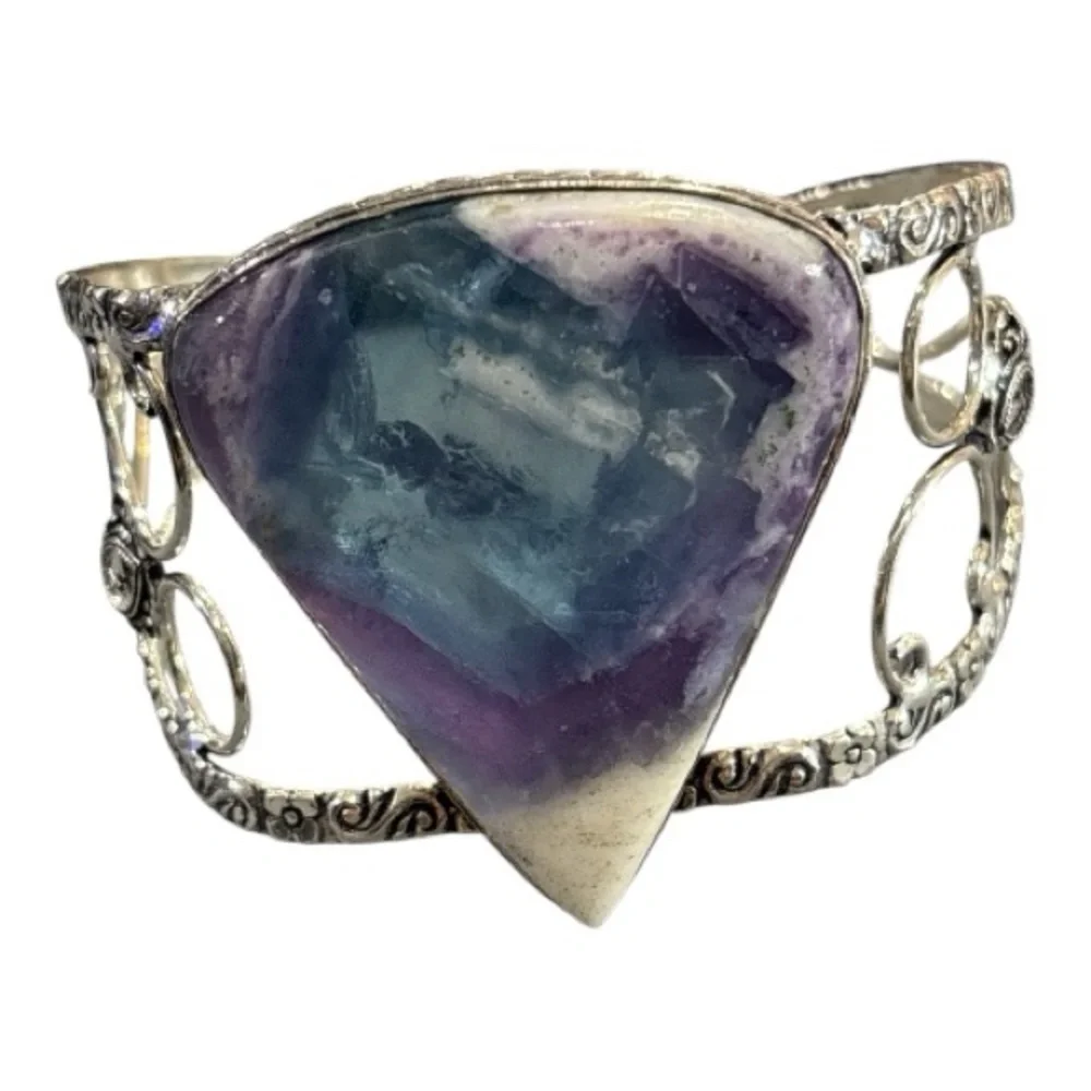 925 Sterling Silver Rainbow Fluorite Pear Shaped Gemstone Boho Cuff Bracelet - Picture 1 of 12